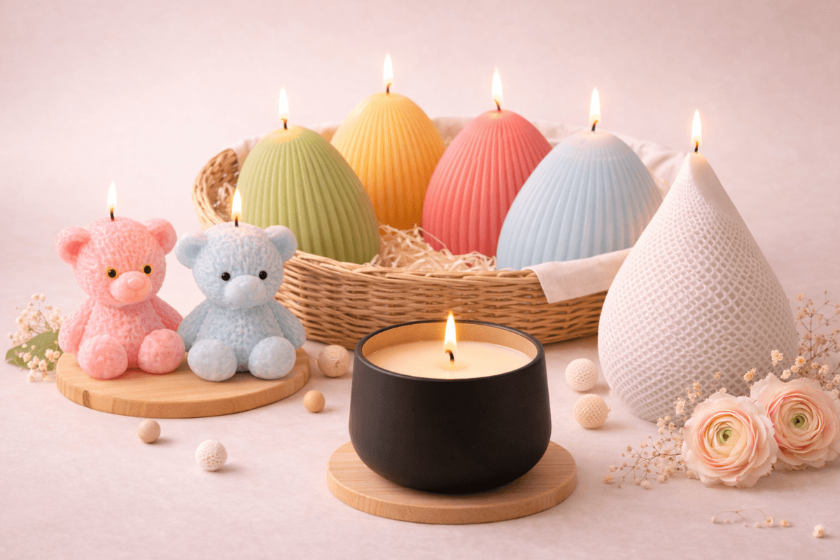 Teddy Candles collection featuring bears, Easter eggs, and decorative candles